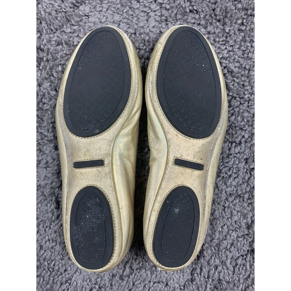 Tory Burch Reva Gold Ballet Flats Leather Metal Logo Medallion Size 6.5